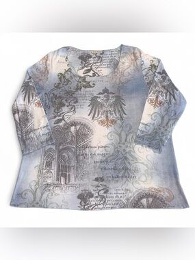 Women's-Style Long Sleeve V-Neck Shirt with Faded Blue and Cream Graphic